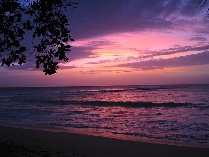 Barbade, coucher de soleil, ciel rouge, mer, Côte, plage, océan