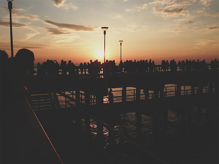 silhouet, mensen, dok, zonsondergang, Pier, menigte, schemering