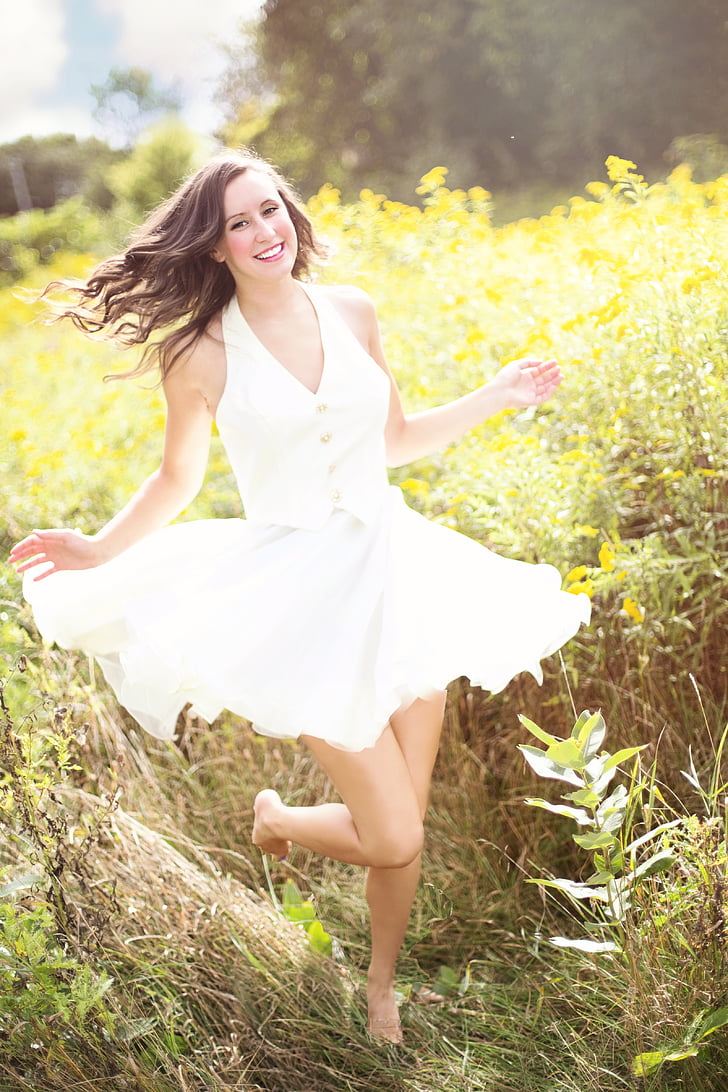 girl, happy, laughing, dancing, nature, pretty, brunette