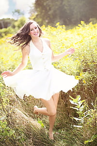 girl, happy, laughing, dancing, nature, pretty, brunette