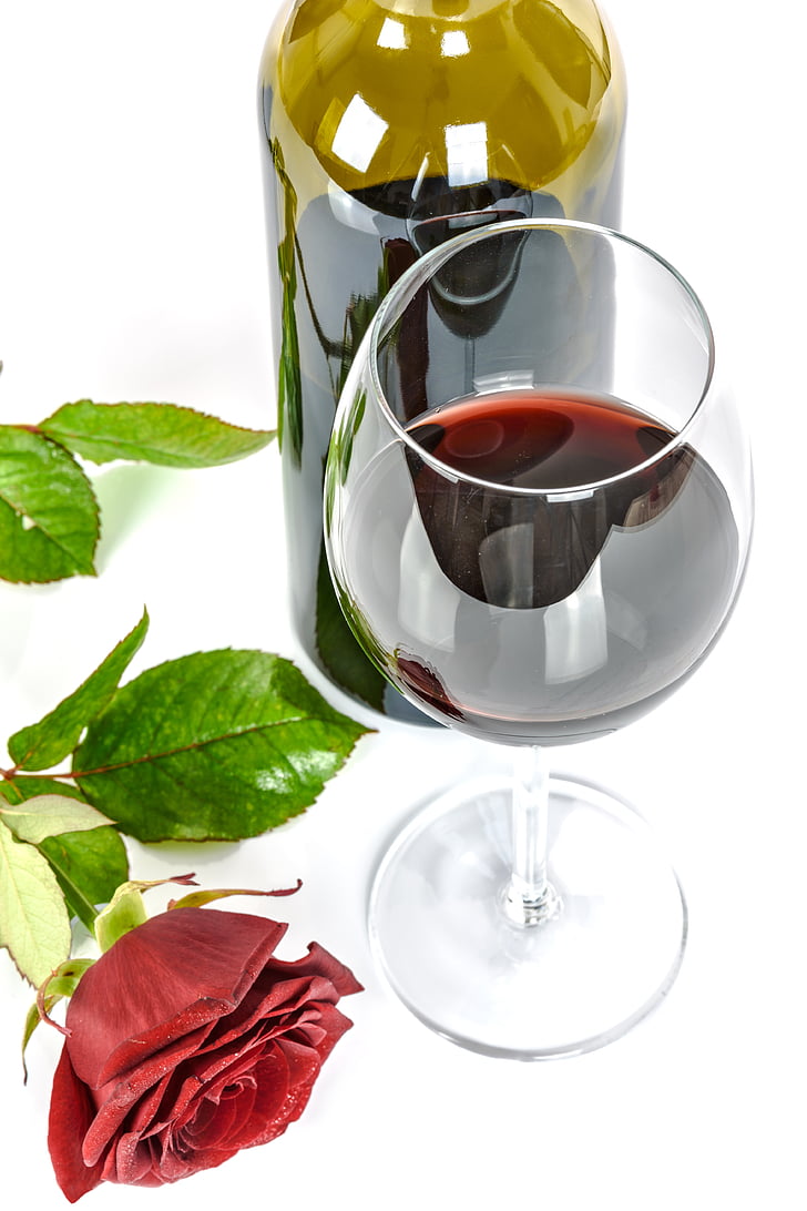 pohár vína, ruže, víno, sklo, alkohol, červená, nápoj