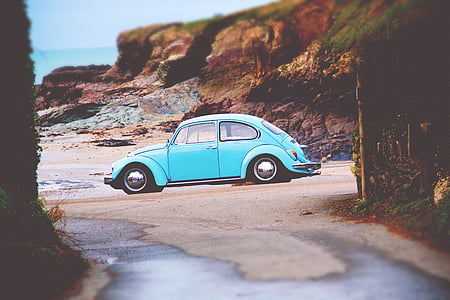 Foto, blå, Volkswagen, skalbagge, stranden, dagtid, bil