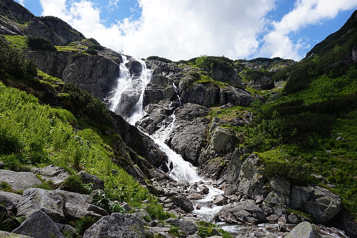 Bergen, waterval, groen, landschap, natuur, water, rotsen