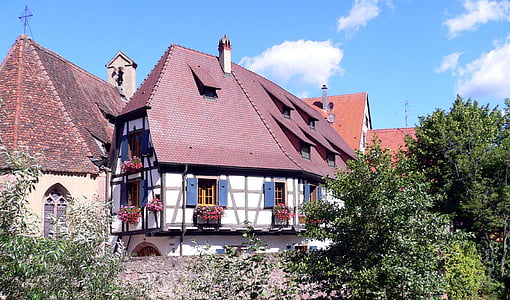 fachwerkhaus, Kaysersberg, Alsace, Francúzsko, domy, Nástenné, stromy