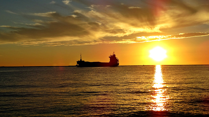 sunset, ship, riga, latvia, sun clouds, nature, shipping