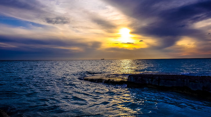 cloudy clouds, ray of sunshine, sea, seaside, sunset, water, beauty in nature