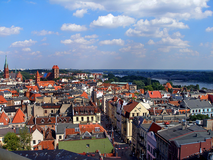 Toruň, Wisla, Panorama, Domů, staré budovy, Most, na trh
