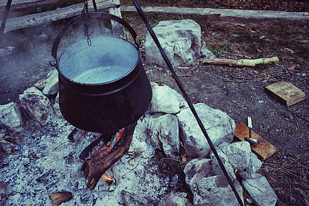 cooking pot, cauldron, black, heat, hot, pot, bonfire