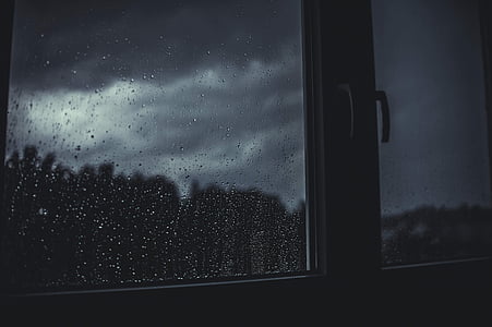 fosc, pluja, gotes de pluja, mullat, finestra, vidre - material, temps