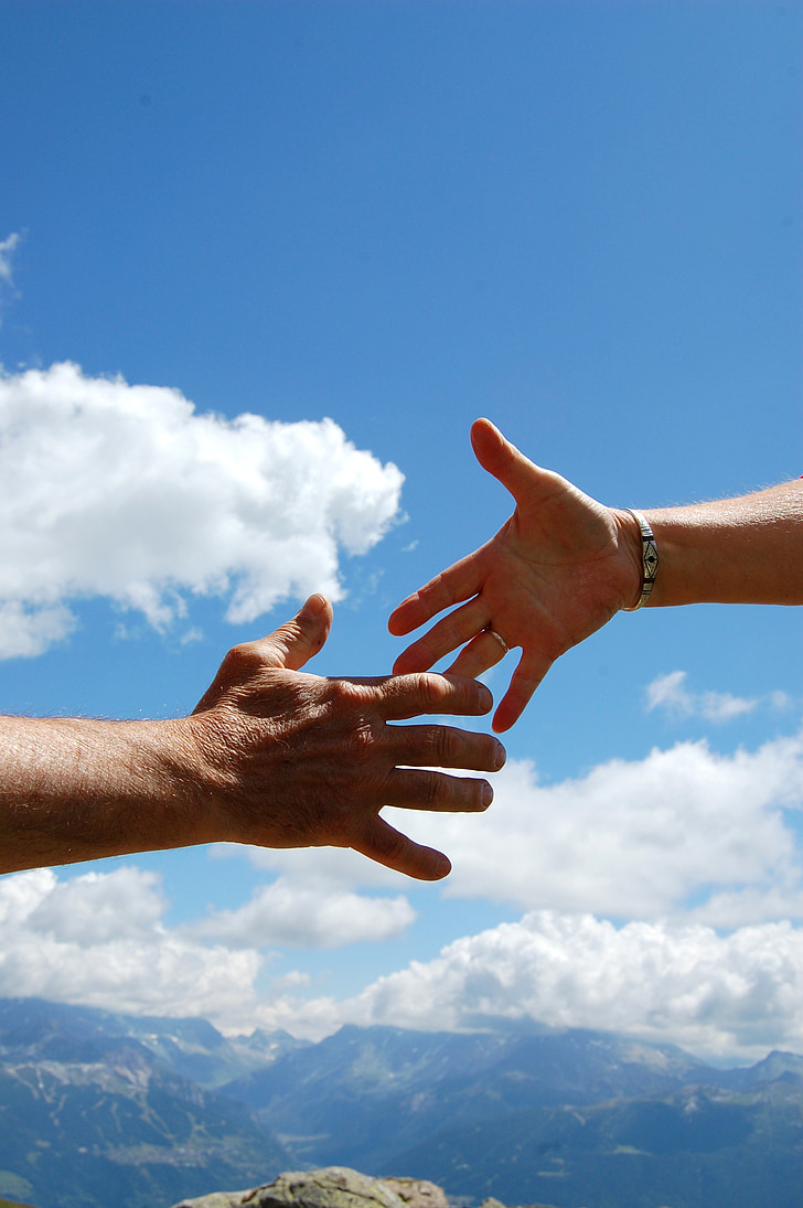 solidarity, sky, handshake, man woman, clouds, blue, optimism