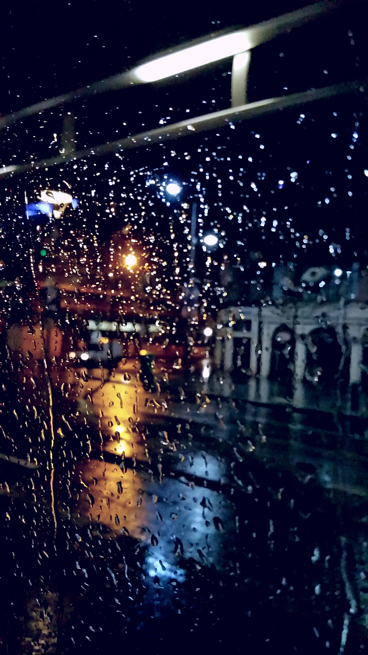 night, rain, window, drops, lights