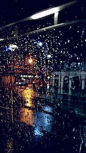 naktį, lietus, langas, lašai, žibintai