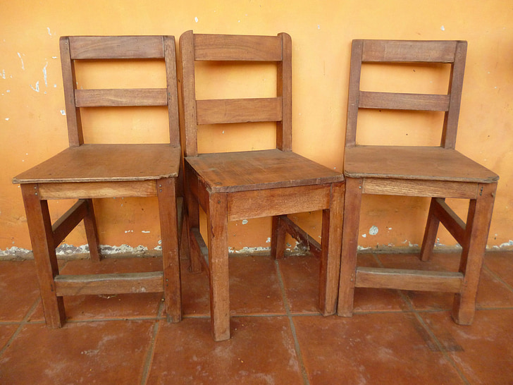 sillas, naranja, muebles, asientos, tres, madera