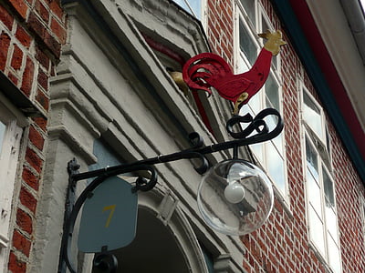 street sign, cock, house, red, lamp