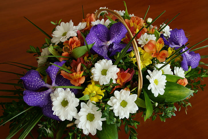 μπουκέτο, λουλούδια, καλάθι με λουλούδια, φωτεινή, Σύνθεση