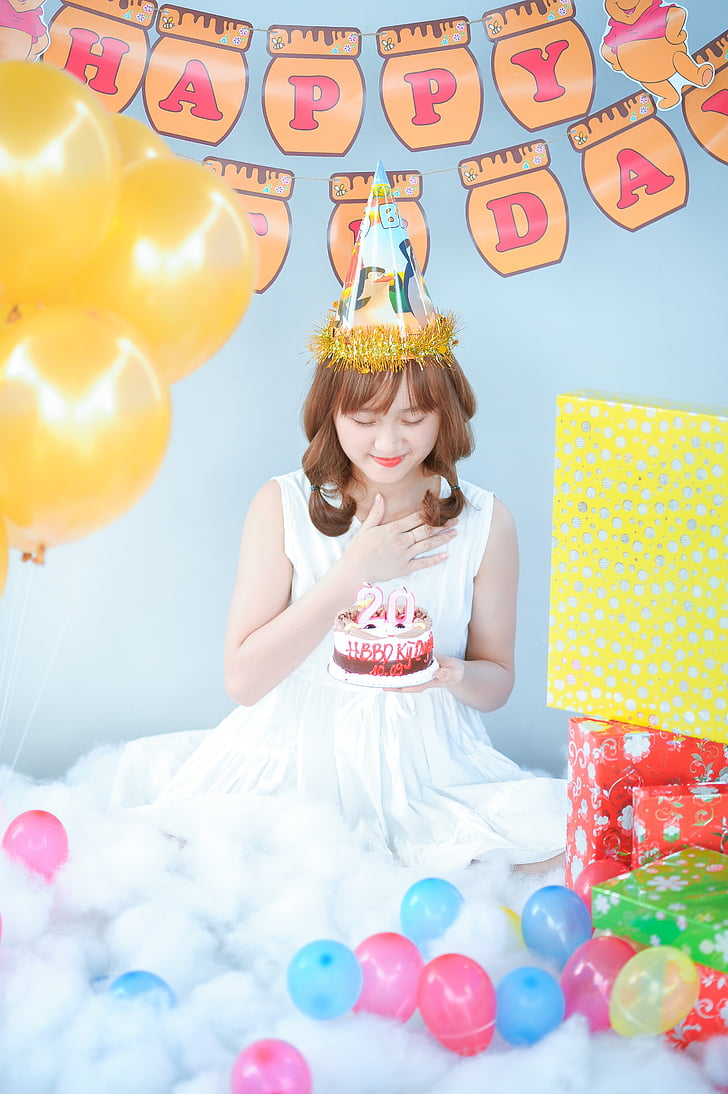 birthday, girl, cake, ballons, happy, day, female