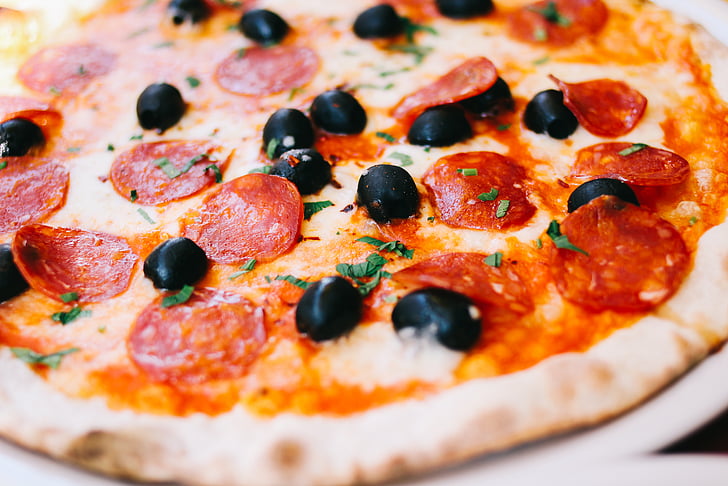 feferoni, pizza, hrane, črna, oljčno, črne olive, jesti