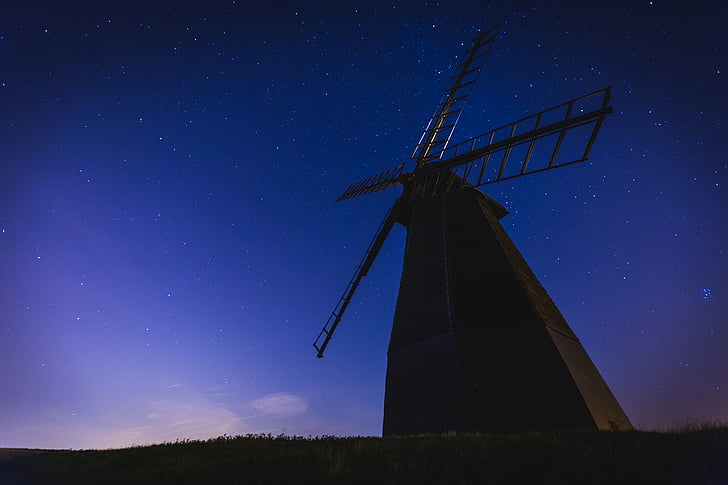 brown, windmill, blue, sky, nighttime, stars, galaxy
