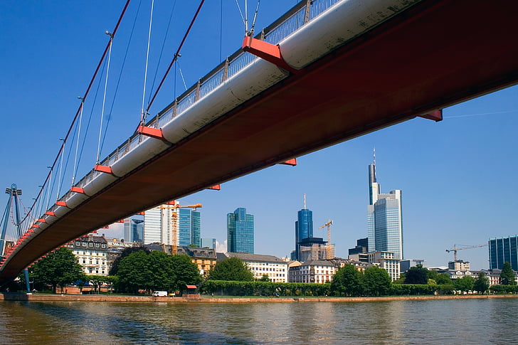 Frankfurt, fő, központ, folyó, városközpontban, híd, Frankfurt am main, Németország