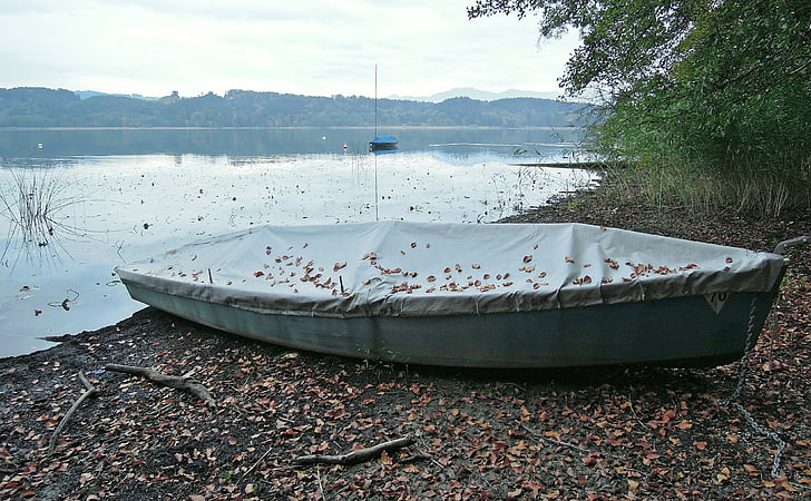 Lake, water, boot, rest, nog steeds, herfst, Bladeren