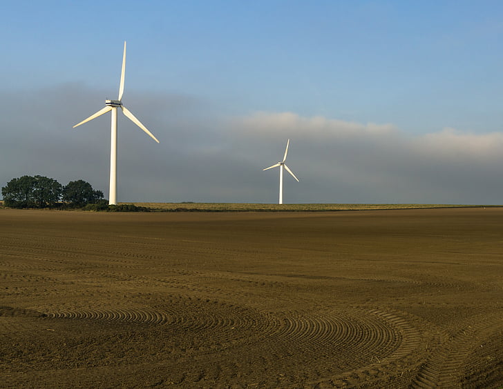 Windräder, campo, cielo, generación de energía, paisaje, azul, marrón