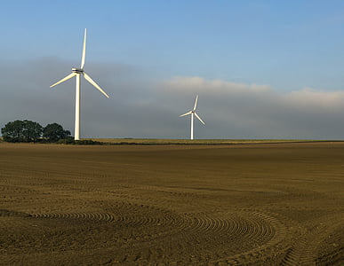 windräder, field, sky, power generation, landscape, blue, brown