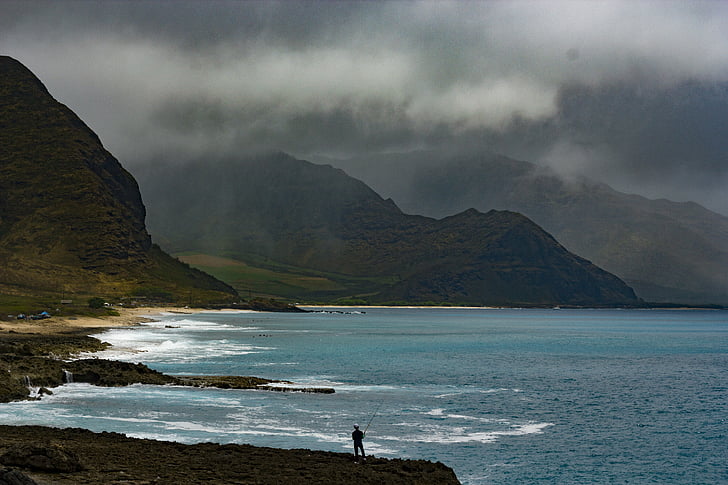 person, fishing, ocean, dark, clouds, cloud, mountain