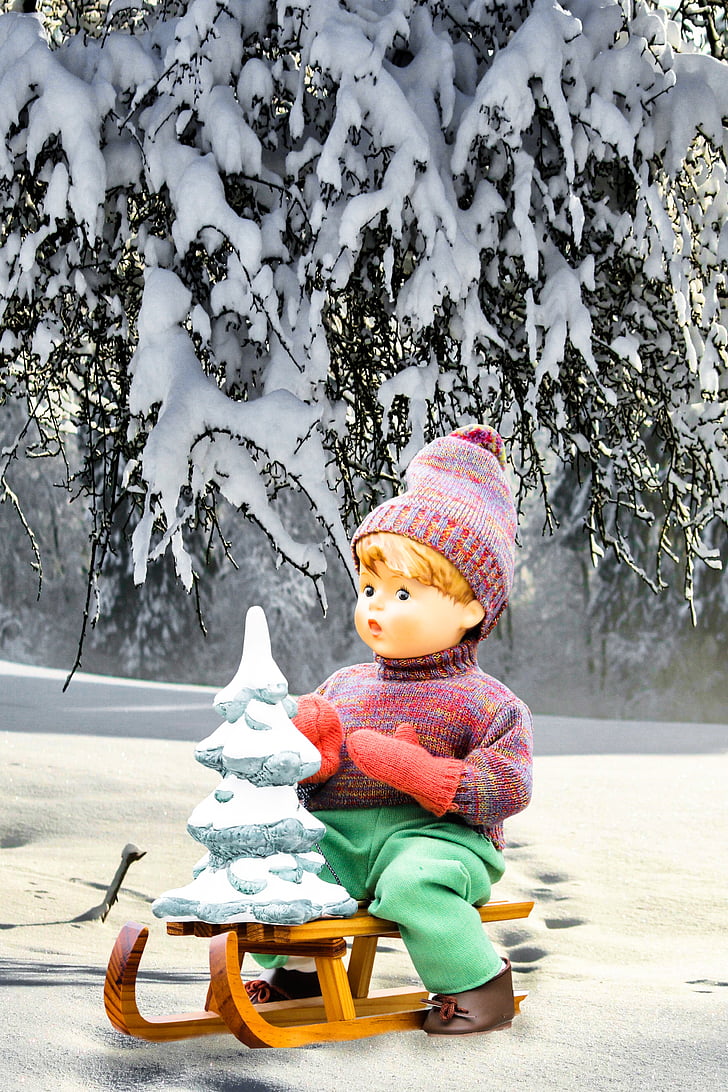 vergadering, dia, pop, porseleinen pop, kerstboom, sleigh ride, sneeuw
