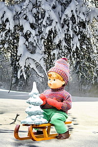 forsamling, dias, dukke, porcelæns dukke, juletræ, slæde tur., sne