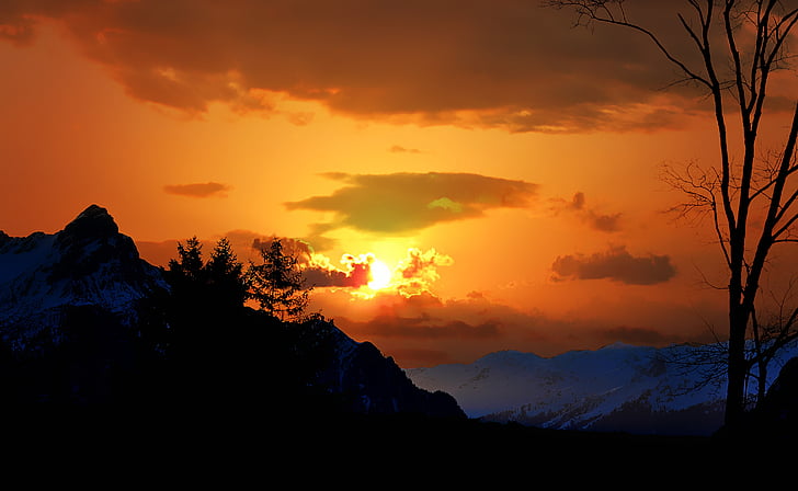 krajina, hory, Horská krajina, Západ slunce aplikace Outlook, slunce, osvětlení, Hora