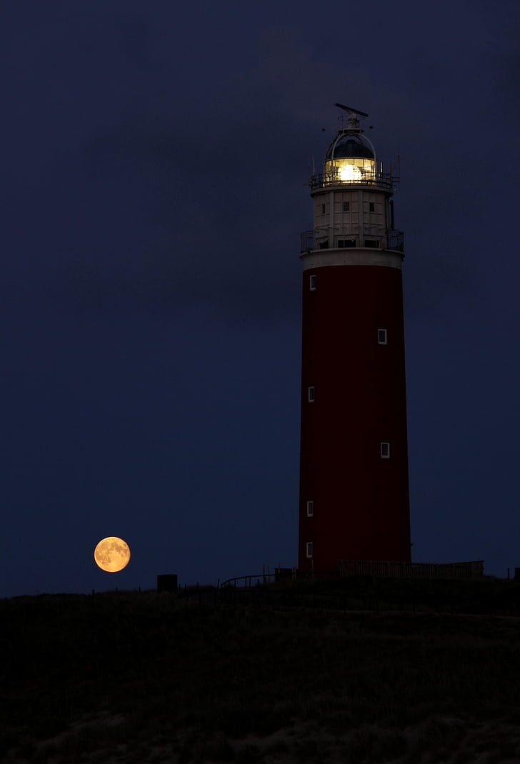 lighthouse, night, evening, moon, illuminated, idyllic, tower