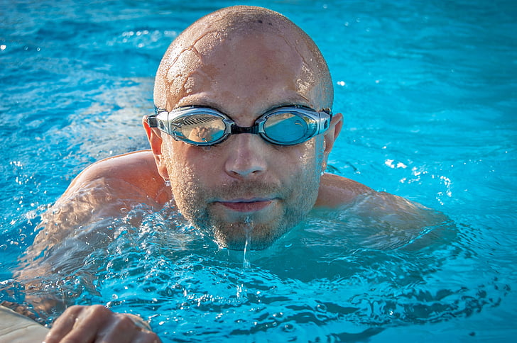 bald, goggles, leisure, man, person, swimmer, swimming
