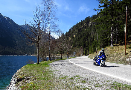 motocikliste, ceste, bicikl, motocikl, planine, alpski, jezero