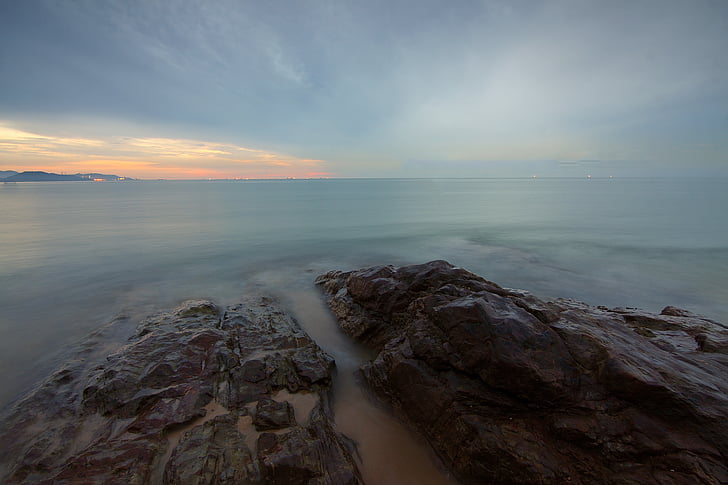 sea, water, rocks, horizon, clouds, sky, sunset