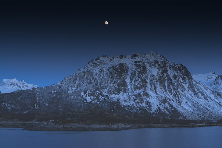 Norvēģija, naktī, mēness, Fjords, Eiropa, ceļojumi, debesis