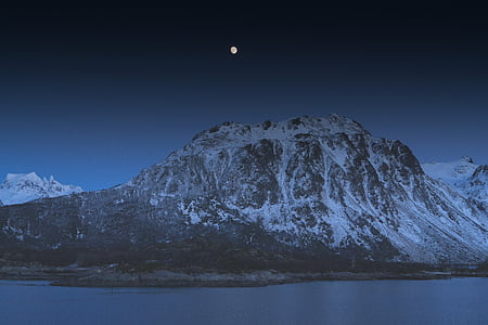 Norvegia, noapte, luna, fiord, Europa, turism, cer