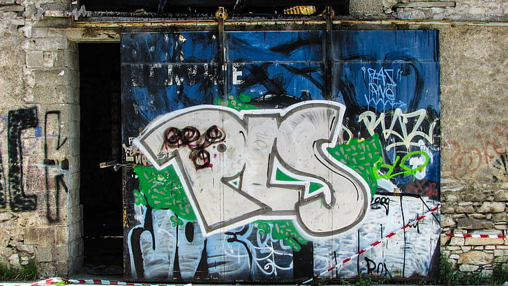 Graffiti, puerta, fábrica, antiguo, Grunge, Grecia, Volos