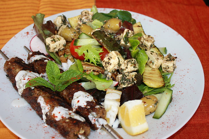 kebabs, greek salad, mediterranean, salad, meat, grilled, turkish