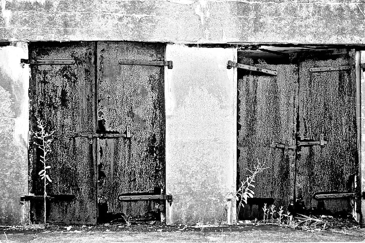 deuren, oude, ingang, gebouw, textuur, roest, zwart-wit