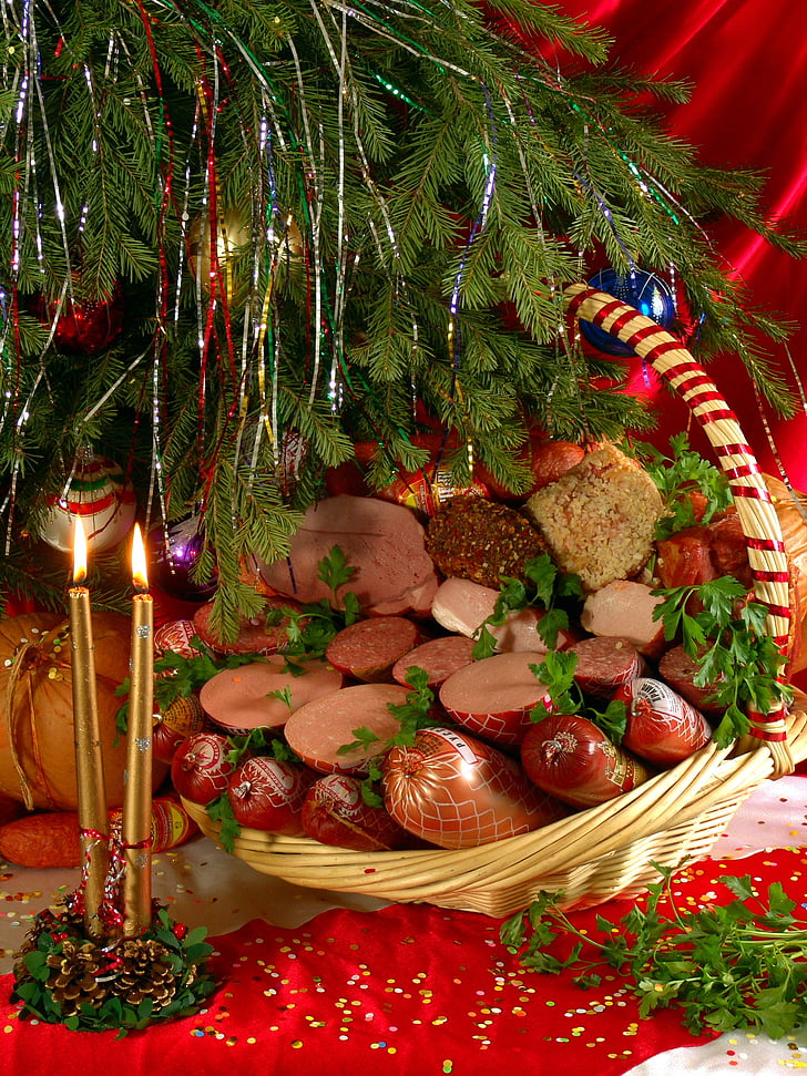 hrana, Božić, ukusna, proizvodi od mesa, božićno drvce, doček nove godine, svijeće