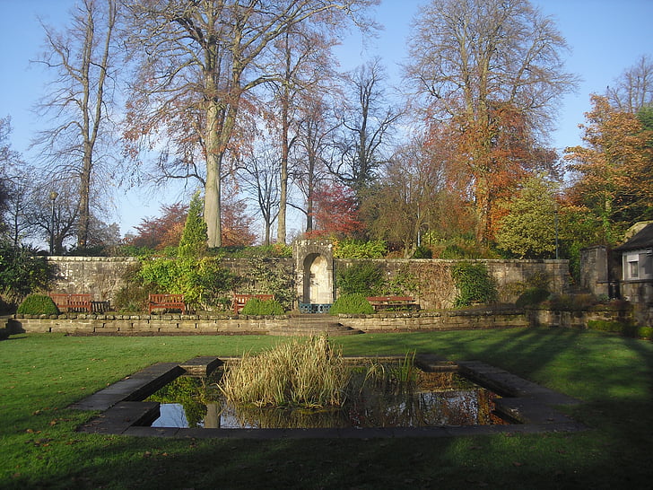 glen de Dunfermline, estanque, jardín, Parque, fuente, otoño, caída
