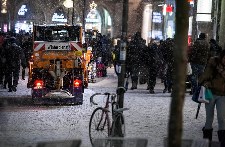 Zima, snijeg, Zimski servis, bijeli, u Münchenu, ulica, ljudi