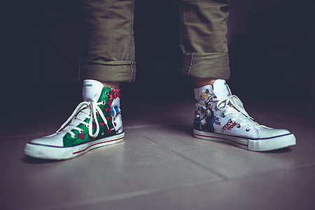 human, wearing, white, green, high, top, sneakers