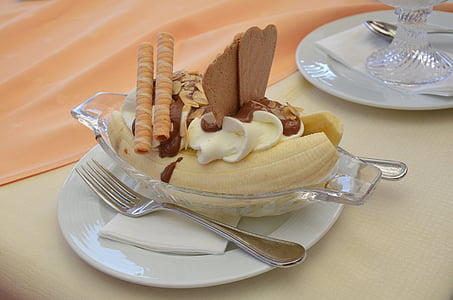 ijs, dessert, Banana split, wafel, crème, vork, dekking
