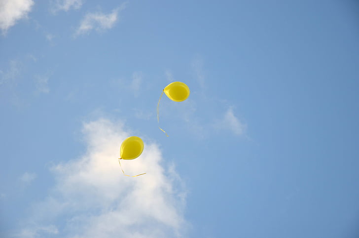 blue sky, balloons, two, air, colorful, sky, yellow