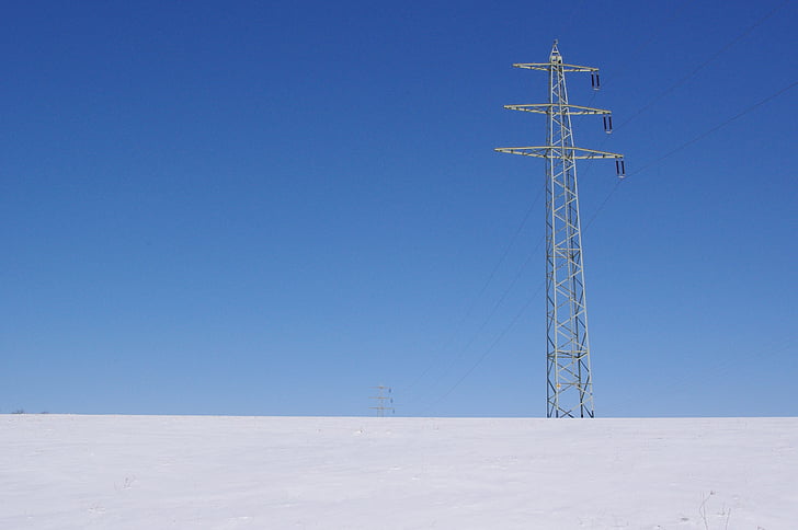 electricity pylon, power supply, winter, cold, line, energy supply, snow