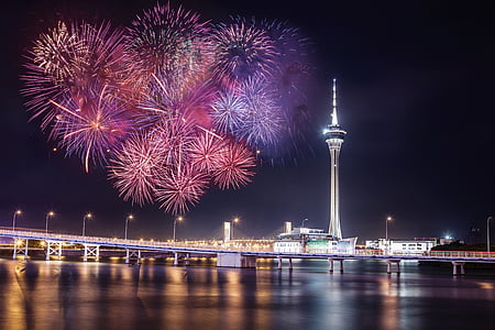 fuegos artificiales, Macau, Torre, noche, Turismo, celebración, espectáculo de fuegos artificiales