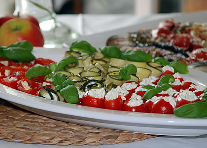 antipasti, vegetables, zucchini, basil, food, tomato, salad