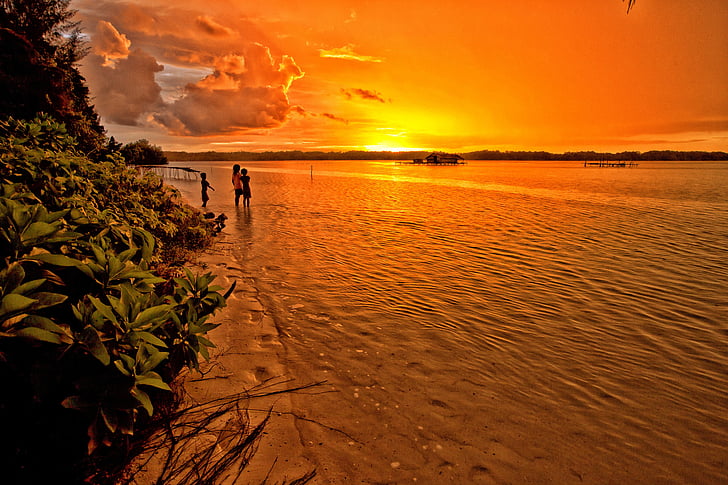 puesta de sol, Laguna, tropical, niños, color naranja, Atoll, Islas de Widi