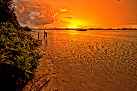 Закат, Лагуна, тропический, дети, оранжевый цвет, Атолл, WIDI острова